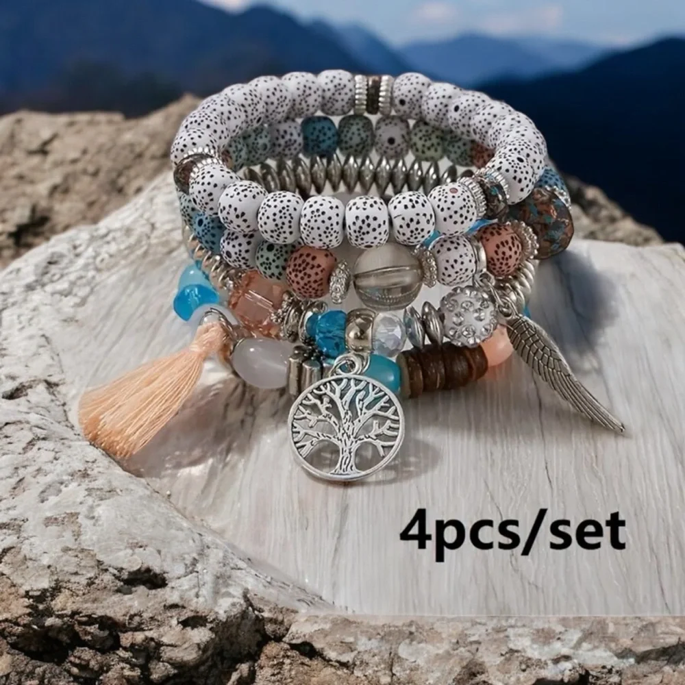 4pcs/set Bohemian Hand String, Tree Of‎ Life Feather Wings Pendant Bracelet
